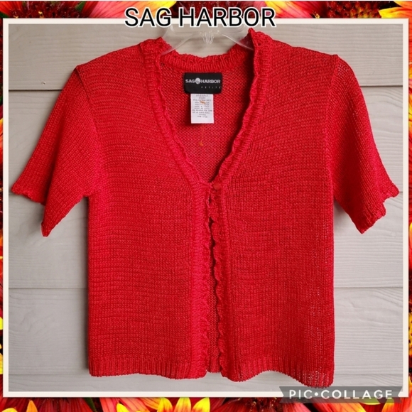 Sag Harbor Vintage Y2K Aesthetic Open-weave Crochet Cropped Red Summer Cardigan - Picture 2 of 15